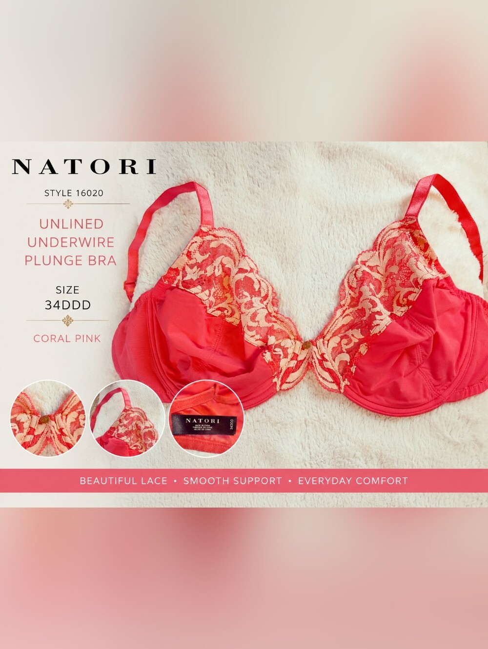 Natori 34DDD Bra 16020 Unlined Underwire Plunge Bra Coral Pink Lace 34F
